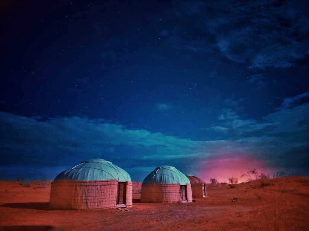 yurts next to "Gates of Hell" aka Darvaza Gas Crater, Turkmenistan