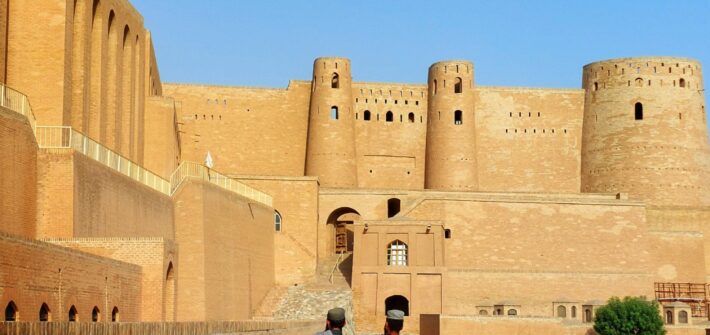 two brothers walk in Herat Citadel, Afghanistan